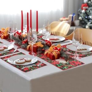 Jectivus Christmas Cardinal Buffalo Plaid Table Runner & 7 Placemats Set